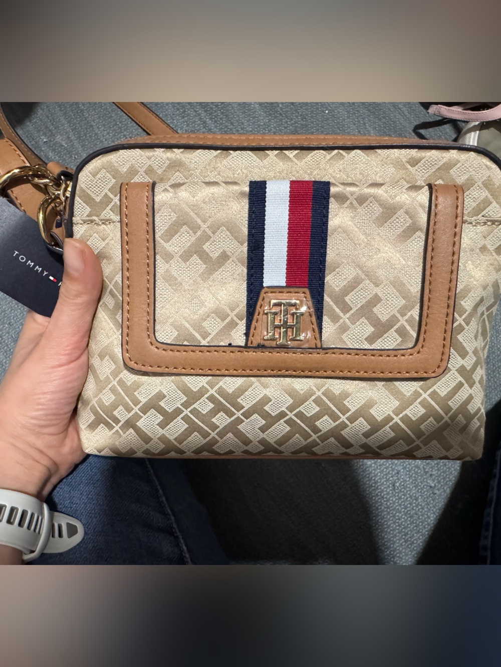 Tommy Hilfiger Beige Monogram Crossbody with Signature Red-White-Blue Stripe